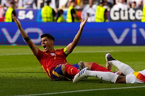 Alvaro Morata gestures during a quarter final match against Germany